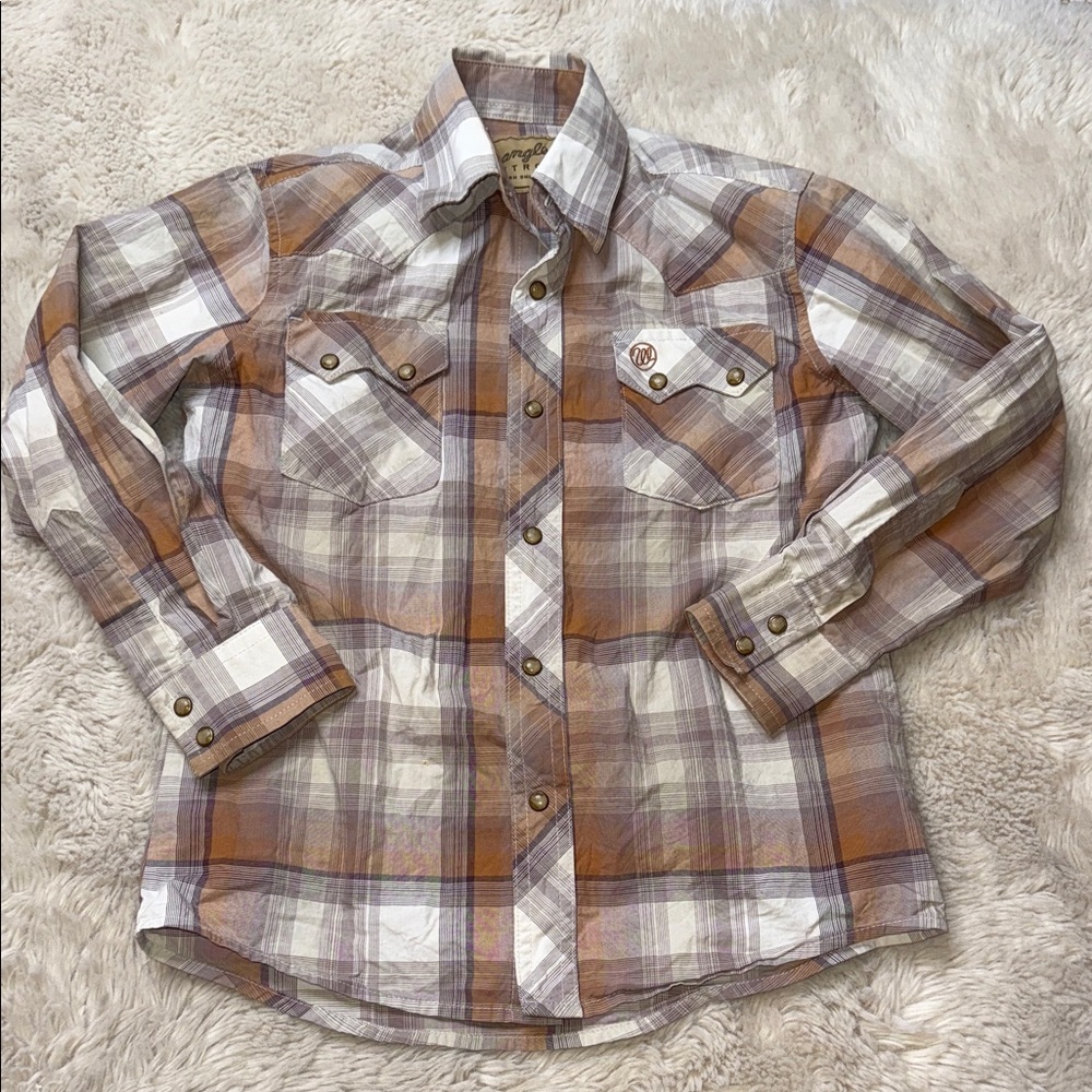 Wrangler retro western shirts size medium boys 8/10 Plaid Kids pearl snap Shirt